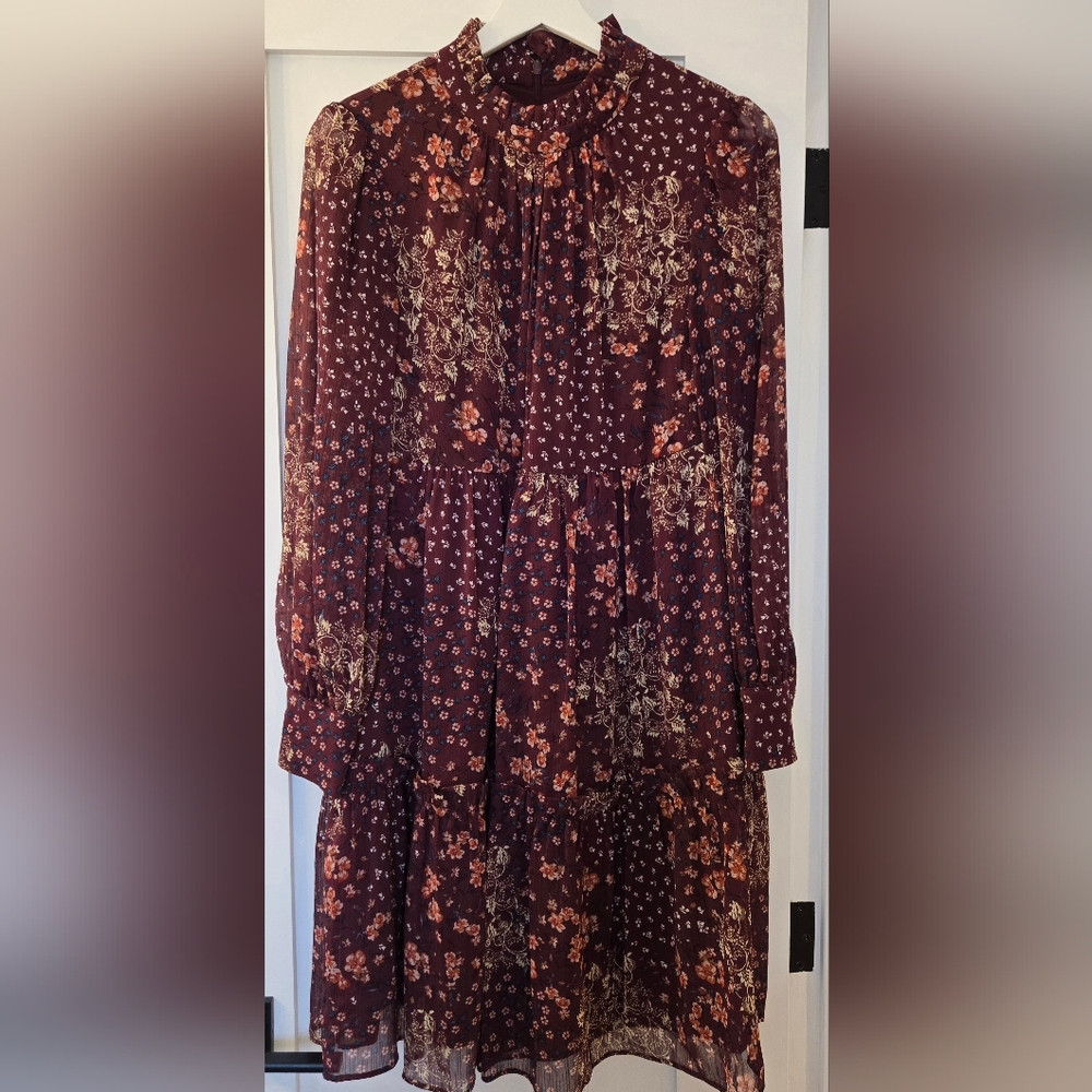 Eliza J Burgundy Long Sleeve Dress With Ruffled Collar